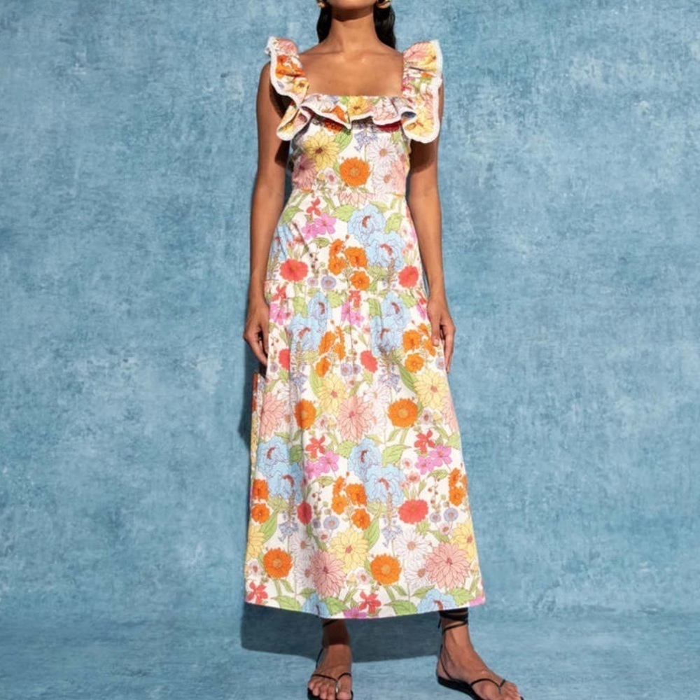 NEW Borgo De Nor Calliope Cotton Ruffle Strap Midi Dress Women’s 14 Blue Floral